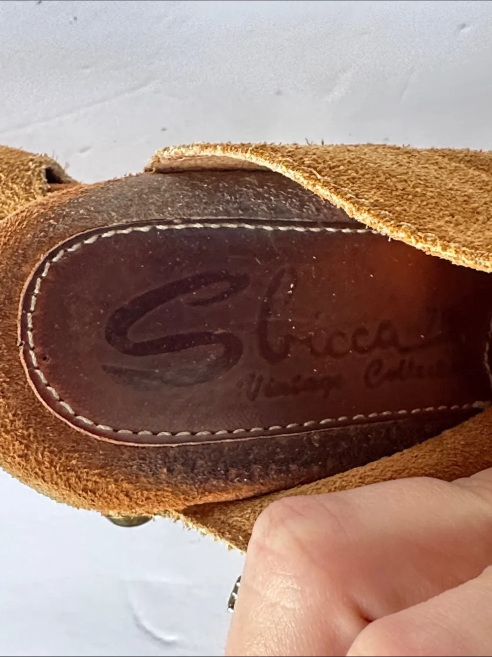 Sbicca Vintage Collection tan suede fringed wedge sandals w/ a wooden platform